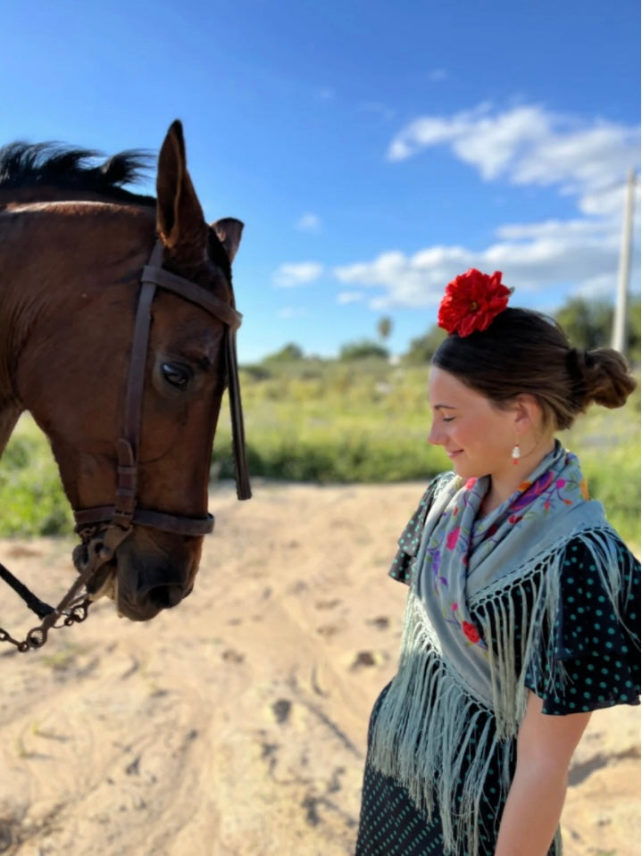 Bata Romería Huelva.Tenemos en stock negra lunar rojo. En 36 y en 38. Talla pequeño.