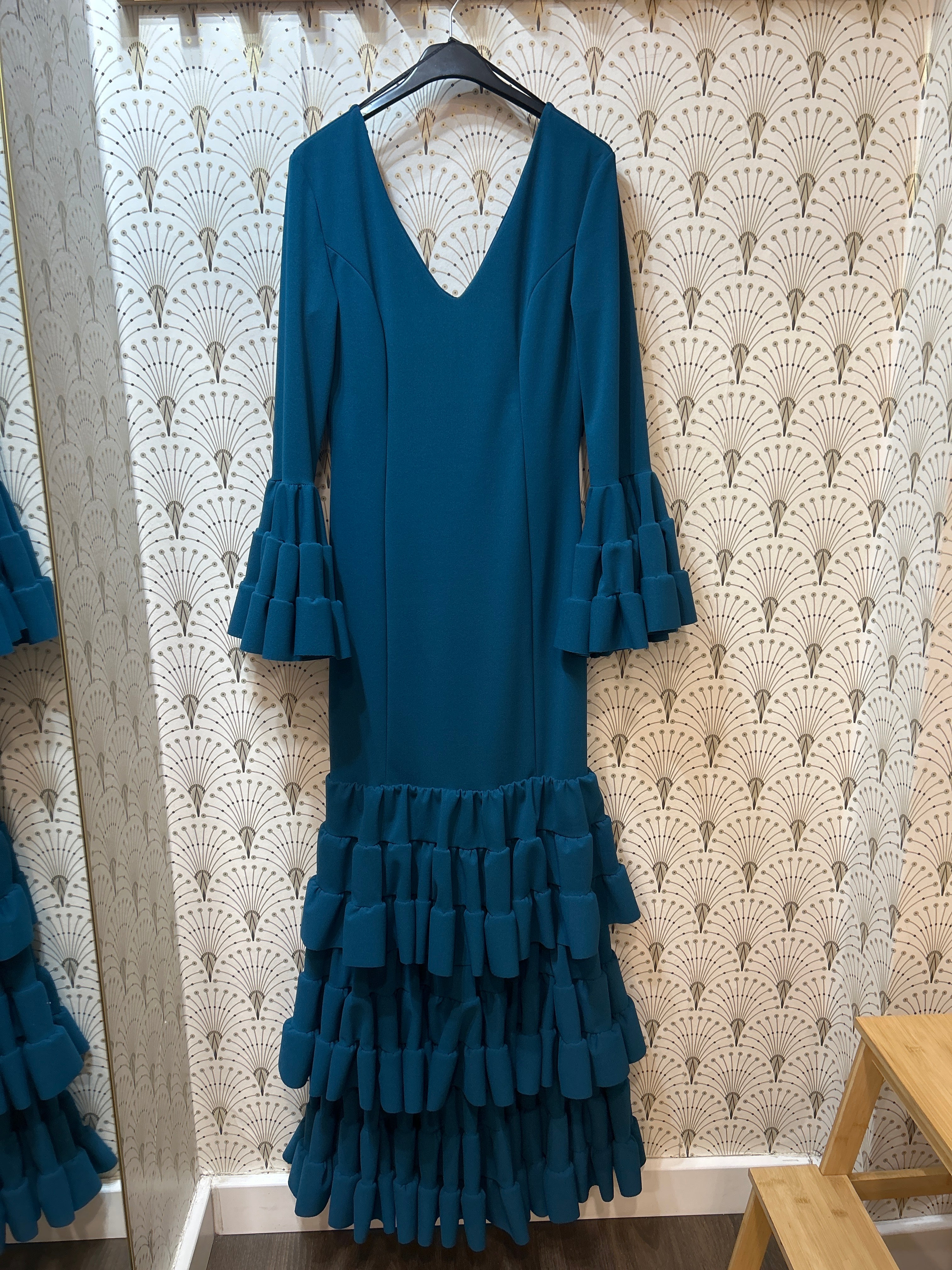 MINI TARA Vestido canastero verde petróleo tres volantes talla sm